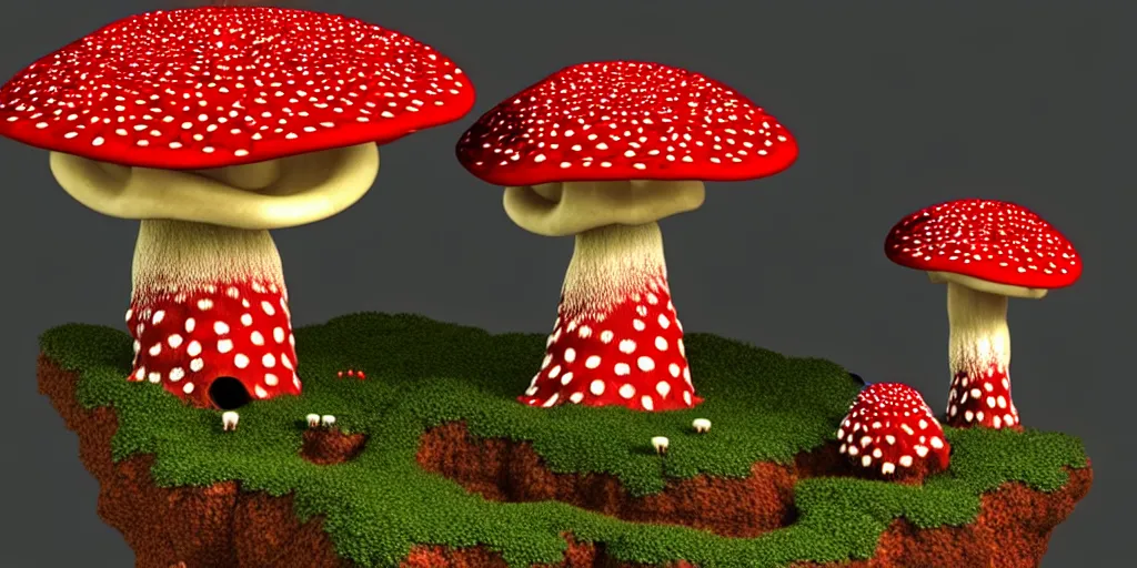 Image similar to a 3 d render of an amanita muscaria mushroom giant with tiny people below looking up at it,