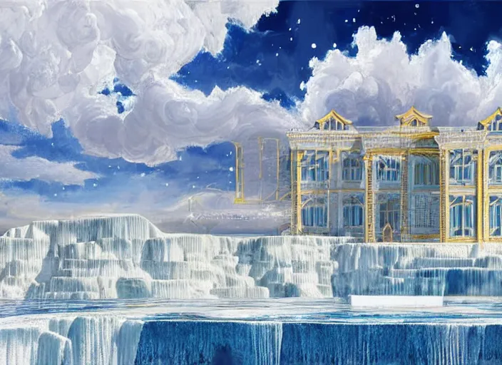 Image similar to modern chic futuristic royal blue and white house with gold intricate details at Pamukkale, thermal waters flowing down white travertine terraces, ethereal and dreamy heavenly clouds, holy, divine, heavenly kingdom, intricate, elegant, luxurious, digital painting, concept art, smooth, sharp focus, from Star Trek 2021, illustration, by WLOP and Ruan Jia and Mandy Jurgens and William-Adolphe Bouguereau, Artgerm