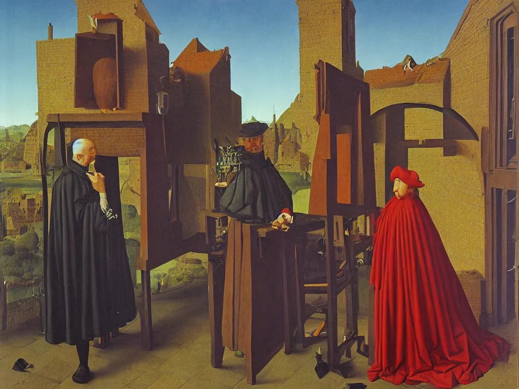 Prompt: obituary for an alchemist. painting by jan van eyck, rene magritte