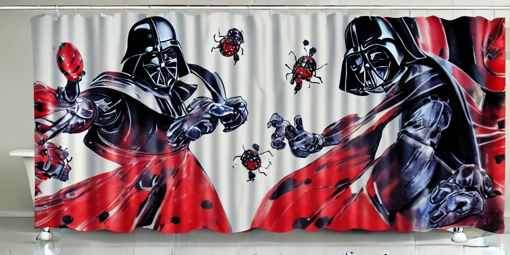 Prompt: shower curtain product catalog. wide - angle photo. on the curtain is a low - angle hero - shot watercolor of a ladybug robot. the robot has an epic fight with darth vader ( obi - wan kenobi ). the water color has ink under drawing. wide - angle product photography of a shower curtain, product lighting. 4 k, highly detailed. saturated.