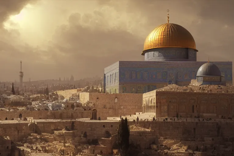 Image similar to jerusalem in the year 3 0 5 0, matte painting, long shot, concept art, wide shot, digital art, trending on artstation, 4 k, extremely detailed, realistic, midday, warm colors, golden sunlight, by greg rutkowski, cinematic, epic