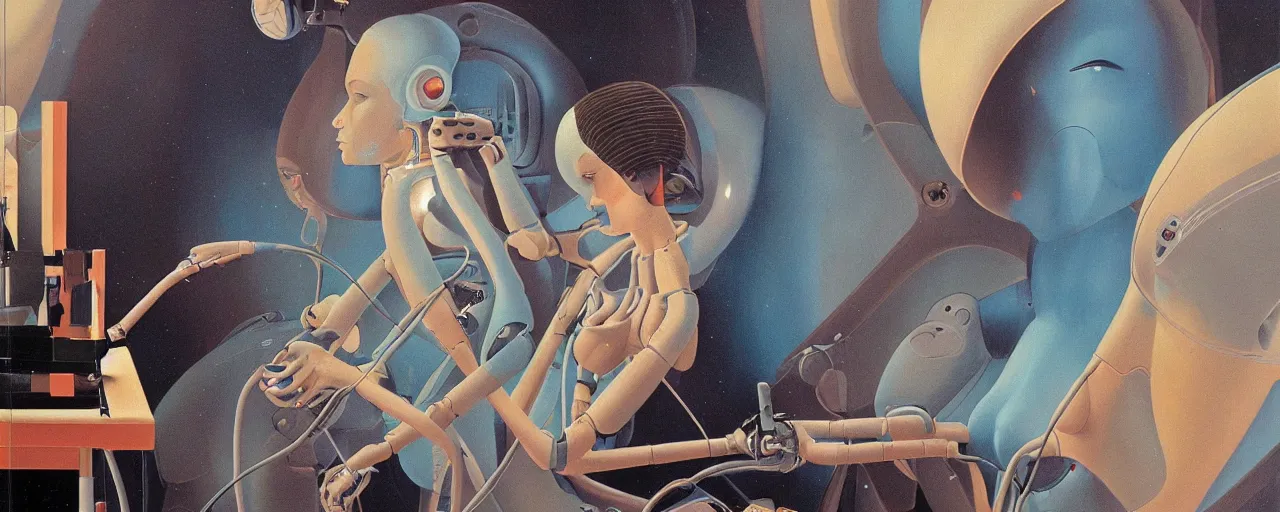 Image similar to a portrait of female young robotic ai artist painting onto a canvas in FANTASTIC PLANET La planète sauvage animation by René Laloux