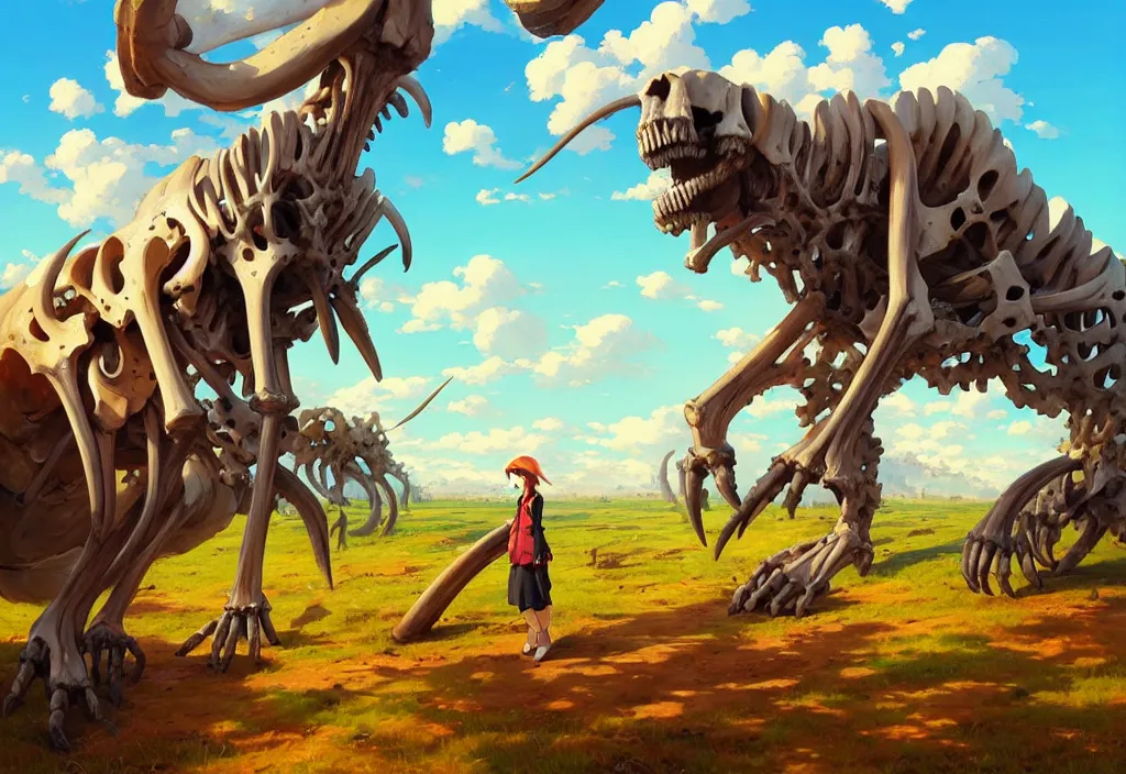 Image similar to giant animal bones in the countryside, intricate oil painting, high detail illustration, sharp high detail, manga and anime 1 9 9 9, official fanart behance hd artstation by jesper ejsing and makoto shinkai, 4 k,