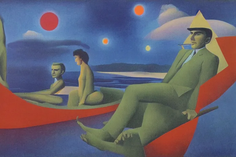 Prompt: surreal art of rod serling on a boat, on a river, with tangerine trees and marmalade skies in the style of max ernst, rene magritte