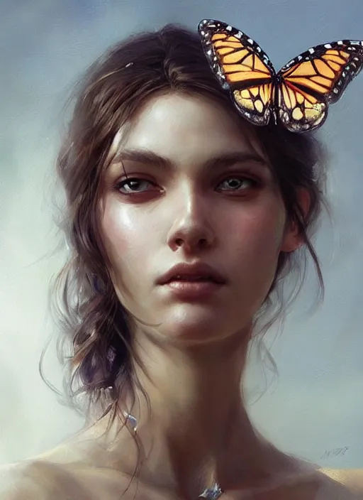 Prompt: a woman with butterflies on her face. beautiful highly detailed face. painting by artgerm and greg rutkowski and raymond swanland.