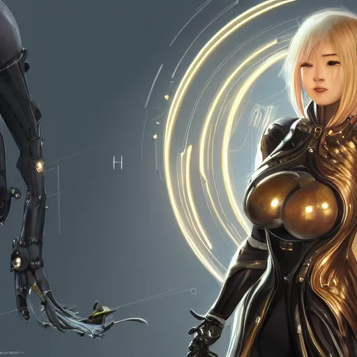 Image similar to ultra realistic illustration of android song hye - kyo, warframe, intricate, nier automata, sunset, golden hair, elegant, highly detailed, digital painting, artstation, concept art, smooth, sharp focus, illustration, art by artgerm and akihiko yoshida and alphonse mucha