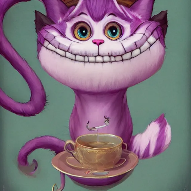 Prompt: cheshire cat drinking tea, by cory loftis, character art, very coherent, exquisite lighting, whimsical background, lighthearted, soft painting, masterpiece