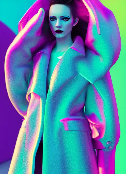 Image similar to stylish coat for a rave, bright colors, many details, prints, photo for a magazine, photo for a store, fashion photography, Vogue, 135 mm, cinematic, hyper realism, high detail, octane render, 8k, chrome accents, very coherent symmetrical artwork, perfect face model, full length photo, Upper and lower body