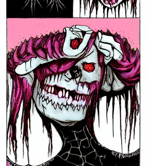 Image similar to horror acid colors, grim-hatter, a dark picture comic featuring blood horror and goth anime girls, anime vampires, evil horror vibes