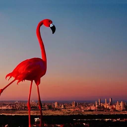 Image similar to photo of a giant colossal flamingo in the distant horizon beyond city skyline