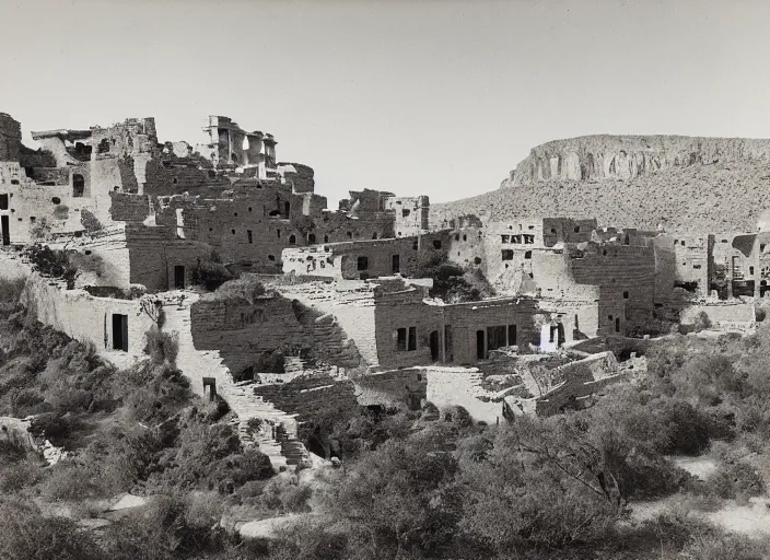 Image similar to Photograph of sprawling cliffside pueblo ruins, showing terraced garden and lush desert vegetation in the foreground, albumen silver print, Smithsonian American Art Museum