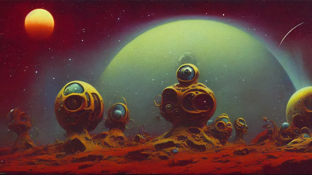 Image similar to mysterious whimsical sculpture of an alien cosmos by paul lehr and john schoenherr and john harris, cinematic matte painting