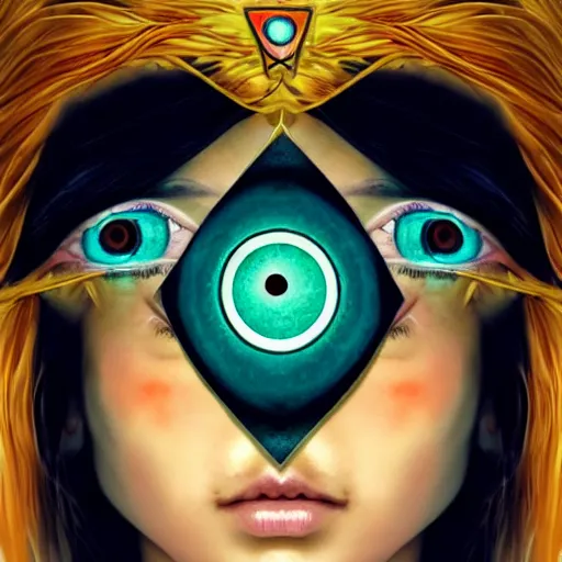 Image similar to three eyed goddess, third eye in middle of forehead, wide shot, hairy bodies, feet in water, beautiful colors, eye in forehead, pins, beautiful lighting, very detailed, eyes reflecting into eyes reflecting into infinity