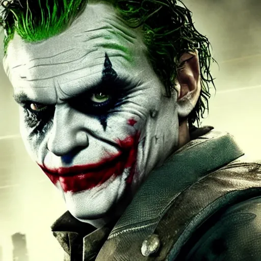 Image similar to the joker 2 0 1 9 in gears of war, splash art, movie still, detailed face, photorealistic facial features, cinematic lighting, dramatic, octane render, long lens, shallow depth of field, bokeh, anamorphic lens flare, 8 k, hyper detailed, 3 5 mm film grain