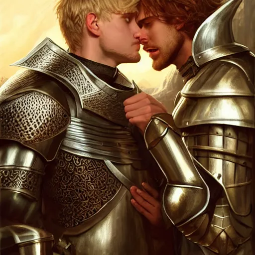 Prompt: attractive arthur pendragon and his favourite attractive male knight, they are in love, camelot, natural lighting, path traced, highly detailed, high quality, digital painting, by gaston bussiere and ross tran and j. c. leyendecker