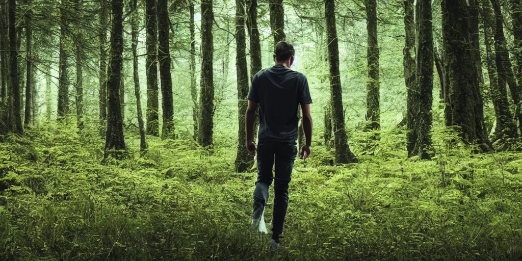 Image similar to fotorealistic image of a young man walking in the forest