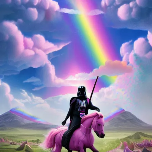 Prompt: beautiful matte painting, rainbow colored pink pink darth vader wearing pink wearing pink, riding a unicorn, riding a unicorn, riding a unicorn over a glittering rainbow in space by lisa frank and dan mumford, octane render, HDR, vivid color, volumetric lighting, unreal engine, concept art, CGsociety, trending on artstation