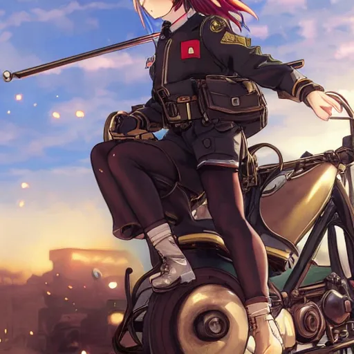 Prompt: anime style, panoramic view, a girl riding a motorbike, vintage, soldier clothing, battlefield in background, hair down, symmetrical facial features, realistic hands, from arknights, hyper realistic, 4 k, extreme detail, trending artstation, safebooru, realistic lighting, by alphonse mucha, greg rutkowski, sharp focus