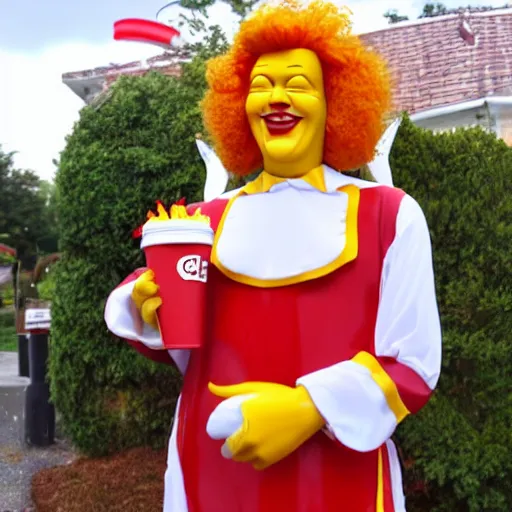 Prompt: Ronald McDonald dressed as an angel welcoming you to french fry paradise