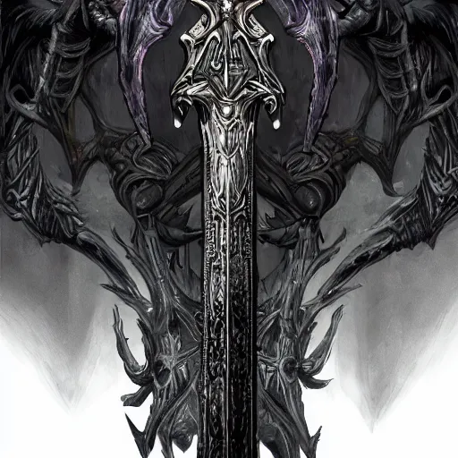 Image similar to demonic greatsword, engravings, dark aura, black steel, intricate, high detail, concept art, masterpiece