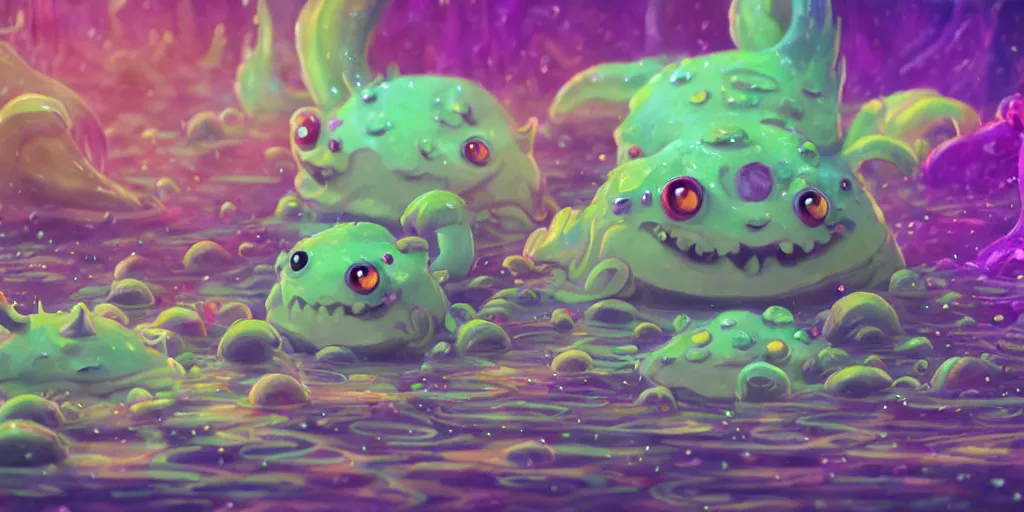 Prompt: intricate murky colorful pond with strange cute fluffy friendly happy anime creatures with huge eyes long tongue and funny face appearing from the water, in the style of craola, macro lens, shallow depth of field, highly detailed, digital painting, trending artstation, concept art, illustration, cinematic lighting, vibrant colors, photorealism, epic, octane render