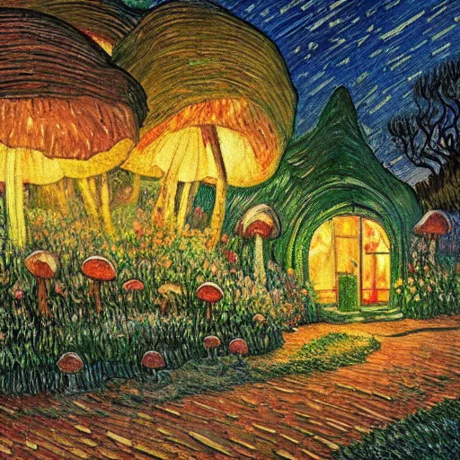 Image similar to mysterious detailed painting of a cozy english cottage in the woods at night, surrounded by giant glowing mushrooms, in the style of studio ghibli and moebius and claude monet and edward hopper and vincent van gogh