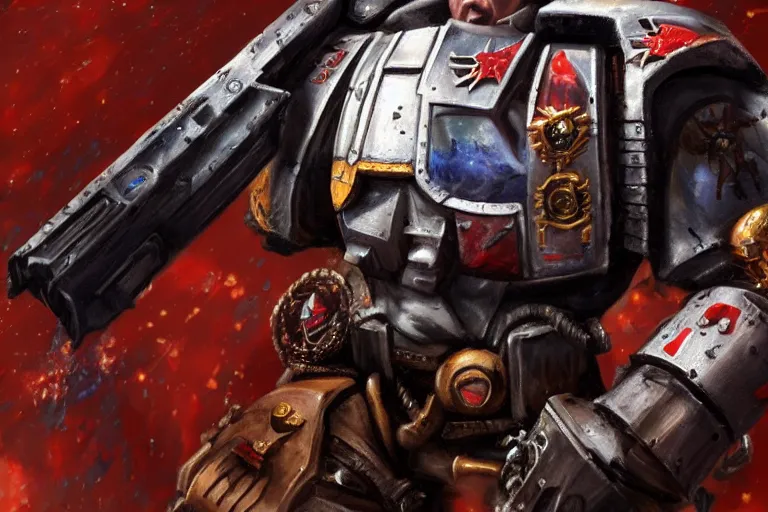 Image similar to nicolas cage as space marine, warhammer, photo, digital art, artstation, high detailed