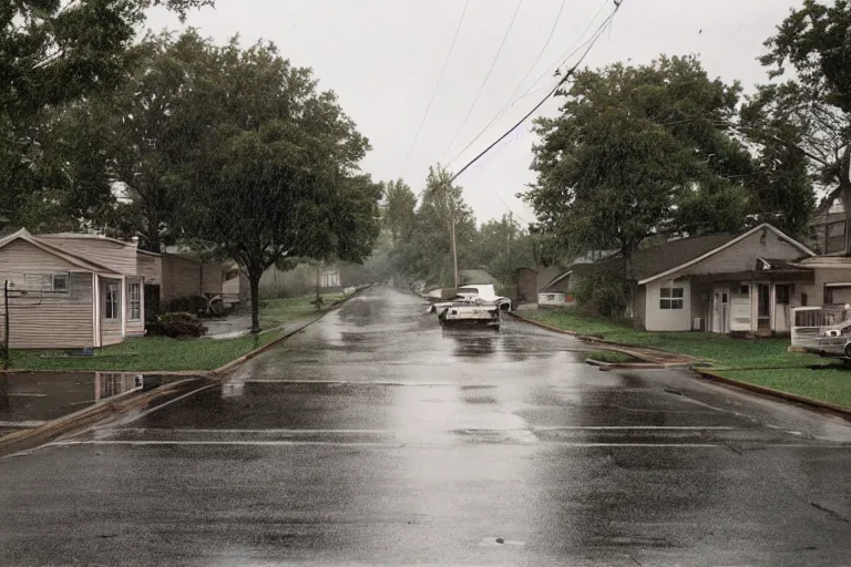 Image similar to a detailed photograph of a 1 9 8 0 s american neighborhood by gregory crewdson, 4 k, rain