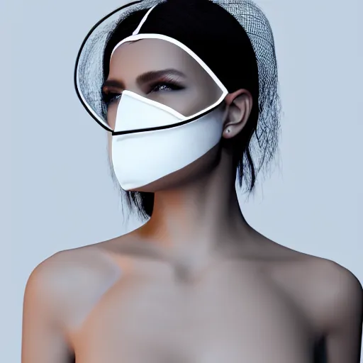 Prompt: ultra detailed woman wearing a white mask with black wires on her head, featured on behance, net art, made of wire, 1 0 mm lens, elegant, hyper realistic, ultra detailed, hyper realistic vfx simulation, volumetric lighting, 8 k post - production