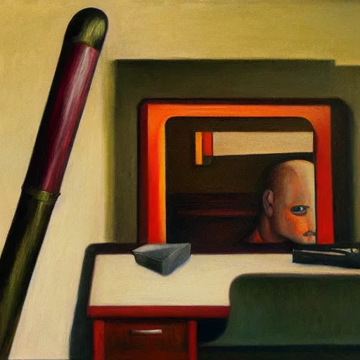 Image similar to gibbets, human subjugation, mind control, dystopian, pj crook, edward hopper, oil on canvas