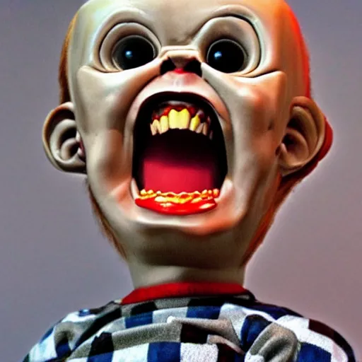 Image similar to screaming chucky doll in style of iron giant film