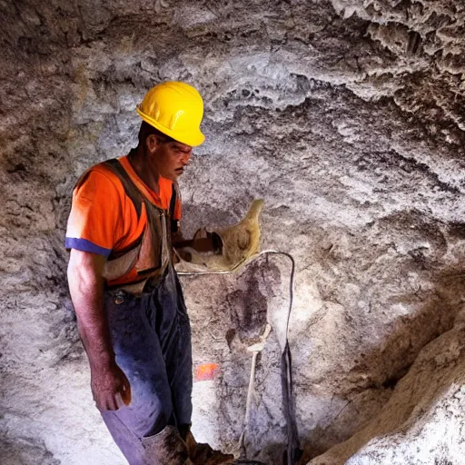 Image similar to pepe the miner in a cave, workers, construction, mining, rocks