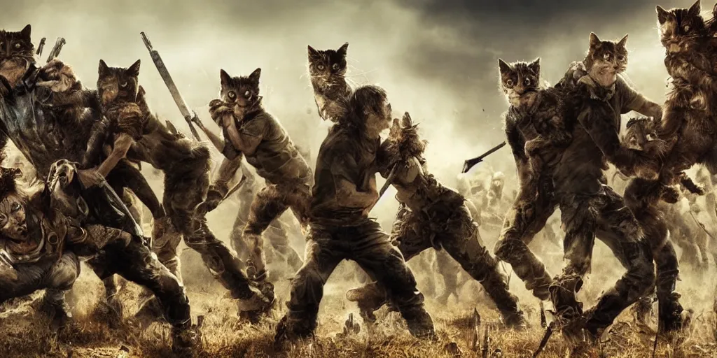 Image similar to epic battle scene kittens versus zombies, post apocalyptic, animals last stand, post human, Epic Background, highly detailed, sharp focus, 8k, 35mm, cinematic lighting