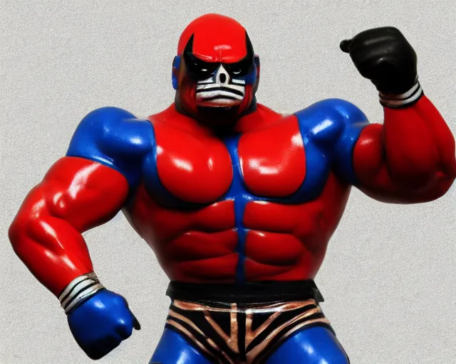 Image similar to Jorge Gutierrez Mexican wrestler vinyl figure, product photography, dynamic pose, anime stylized, exaggerated proportions, high detail, studio lighting, digital art - H 640