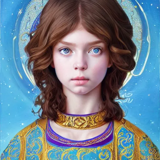 Image similar to a little girl with short wavy curly light brown hair and blue eyes, a space empress in byzantine style. beautiful highly detailed face, painting by ilya kuvshinov and raymond swanland