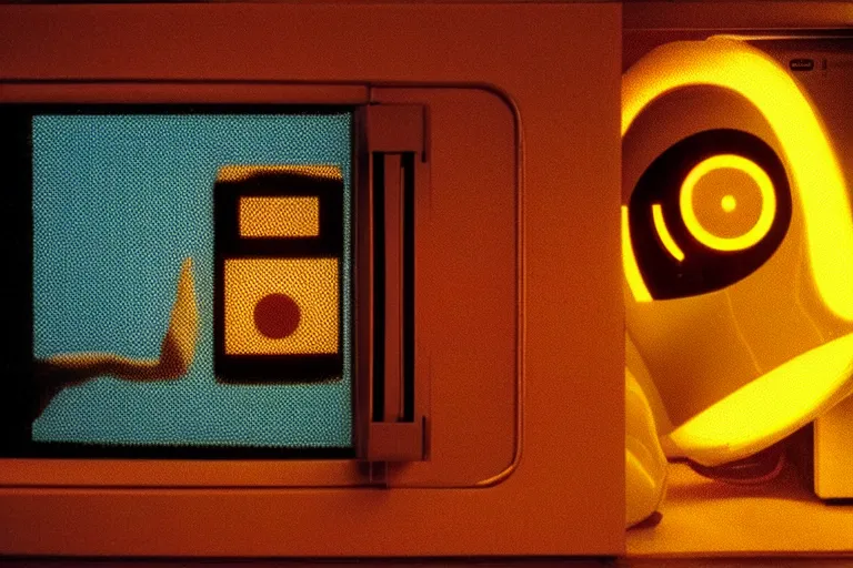 Image similar to retro robot sticking her head inside of a microwave, from 2001, bathed in the glow of a crt television, low-light photograph, in the style of jack bridgeland