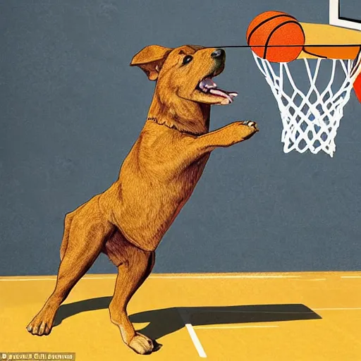 Prompt: An dramatic, iconic , awardwinning photorealistic photograph of an dog doing a slam dunk in the basketball court in the afternoon, detailed,