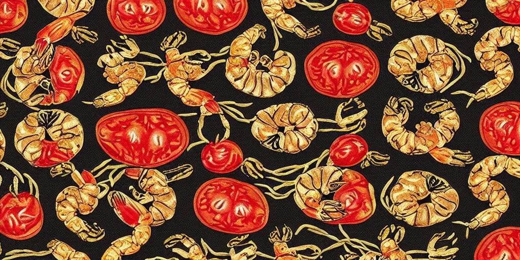 Prompt: versace gucci textile print detailed intricate tomatos shrimp design gold black digital file high resolution