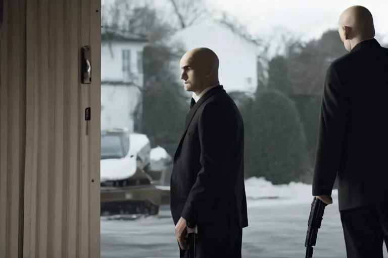 Prompt: movie scene, hitman waiting outside a house in his car, night, silenced pistol, by emmanuel lubezki