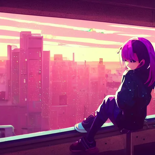 Prompt: android mechanical cyborg anime girl child overlooking overcrowded urban dystopia sitting. Pastel pink clouds baby blue sky. Gigantic future city. Polygonal. Raining. Makoto Shinkai. Wide angle. Distant shot. Purple sunset. Sunset ocean reflection. Pink hair. Pink and white hoodie. Cyberpunk.