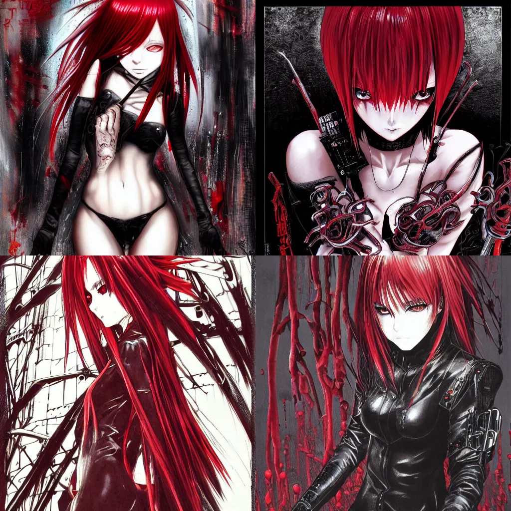 Image similar to highly detailed professional late 2 0 0 0 s seinen manga cover art of goth woman with red hair, red eyes, leather clothes, black makeup. chunibyo. horror cyberpunk action manga cover promotional art. detailed and intricate environment. pencils by ilya kuvshinov and painted by zdzislaw beksinski, inked by tsutomu nihei