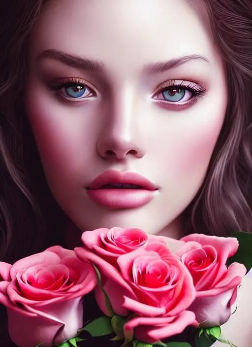 Image similar to a gorgeous female photo, professionally retouched, soft lighting, holding a bouquet of roses, realistic, smooth face, perfect eyes, wide angle, sharp focus on eyes, 8 k high definition, insanely detailed, intricate, elegant, art by artgerm and wlop