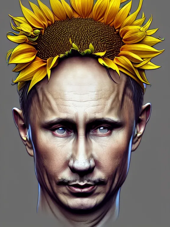 Image similar to digital art, centered full body of Putin smiling king, Sunflower crown, ,intricate, veins, by James Jean and by artgerm , by ross tran ultradetailed, charachter design, concept art, trending on artstation,