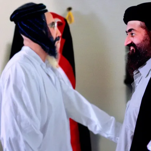 Prompt: george w bush shaking hands with osama bin laden, 8k cinematic lighting, very sharp detail, anatomically correct