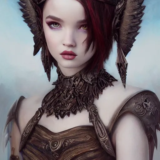 Image similar to tom bagshaw, very beautiful genetic mix of dove cameron madison beer bella poarch in a dark fantasy warrior armor, winged helm, thin gothic makeup, professionally retouched, focus eyes, ultra realistic soft painting, insanely detailed linework, symmetrical accurate intricate features, behance artstation, 8 k