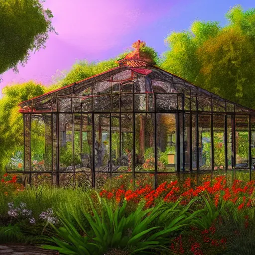 Prompt: a glass house in the center of a spanish garden, sunrise, european flowers, highly detailed, digital painting, artstation, in a baroque style, 4 k