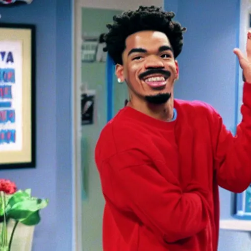 Image similar to a tv still of Chance The Rapper starring as a college student in a 1993 black sitcom