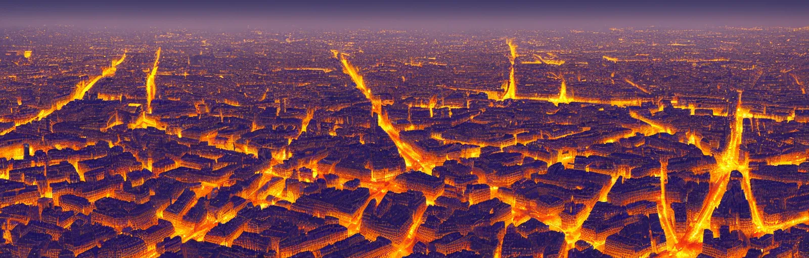 Image similar to night time overhead drone helicopter photo of paris france with bokeh, depth of field, glowing lights, romantic beautiful, black, red, yellow, orange colors, telephoto lens, romantic, soft, beautiful, award winning architecture, extremely beautiful lighting, cinematic composition, modern, render, architectural, architecture, realistic, clear