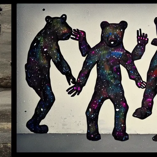 Image similar to space bears dancing to cannon in D, in the style of Banksy