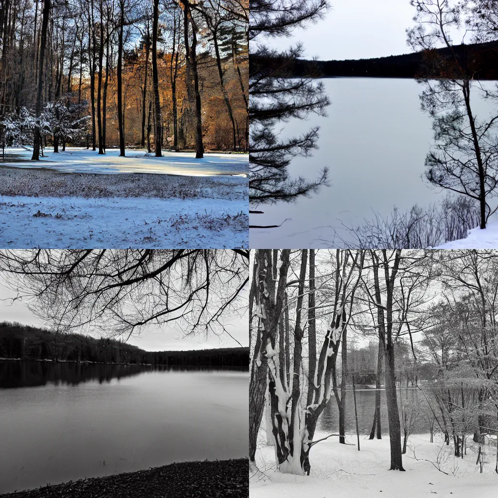 Prompt: photograph of Walden Pond in December